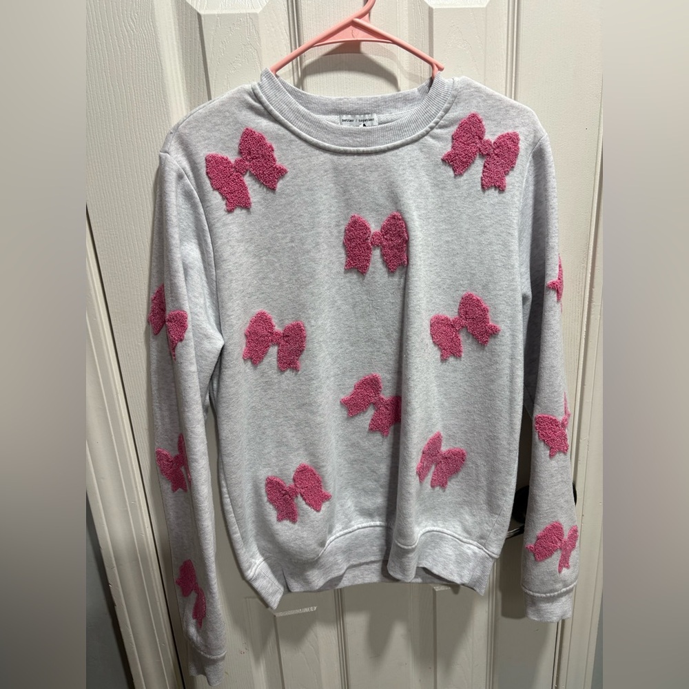 Gray Sweater with Pink Bow Accents